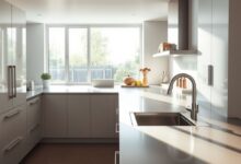 Lixeira de inox pequena sobre bancada moderna de cozinha.