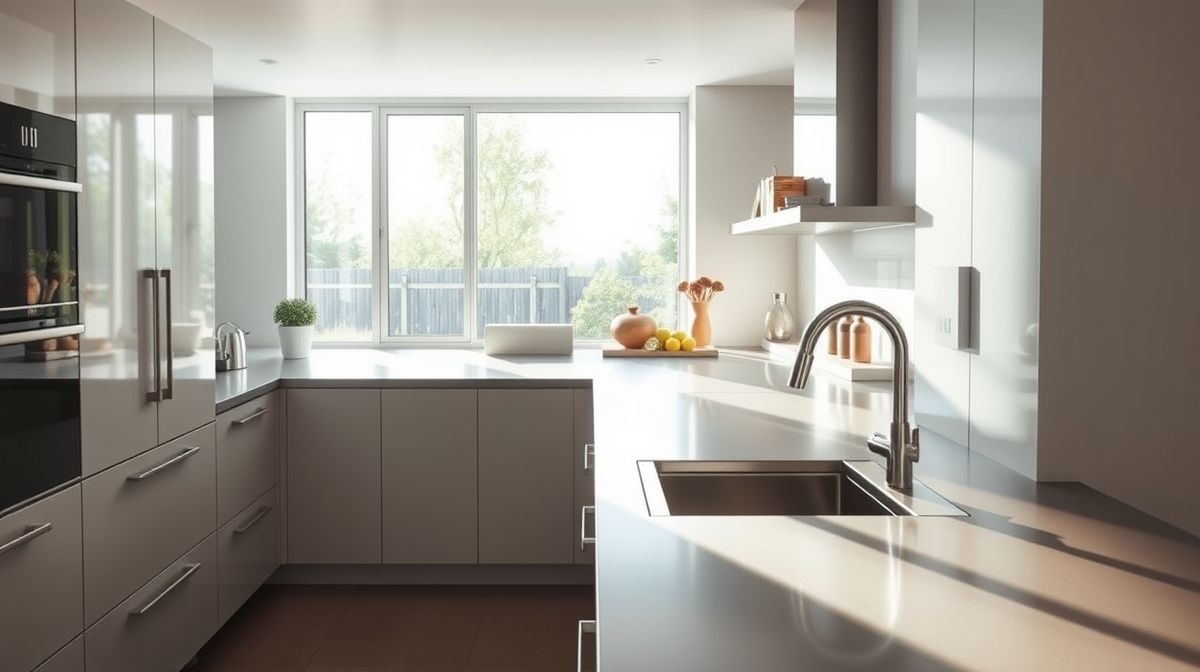 Lixeira de inox pequena sobre bancada moderna de cozinha.
