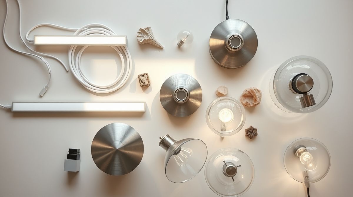 Close em luminárias, fitas LED e materiais metálicos para pequenos espaços.