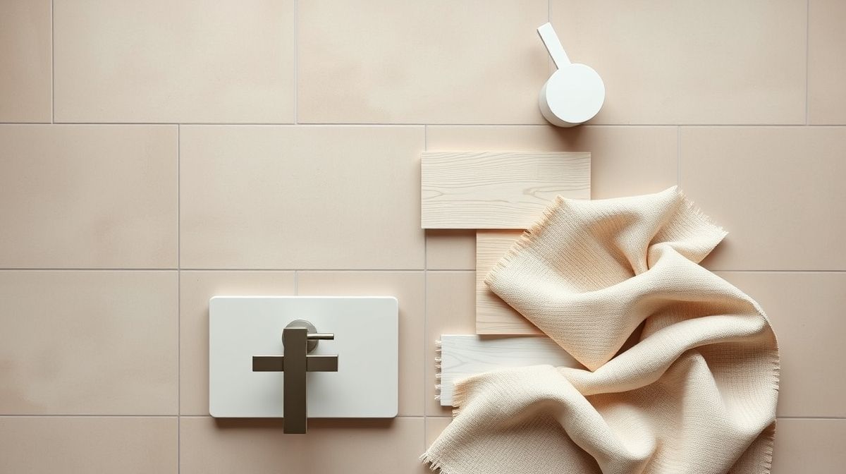 Conjunto de materiais usados em banheiro minimalista, como porcelanato, madeira clara e metais foscos.