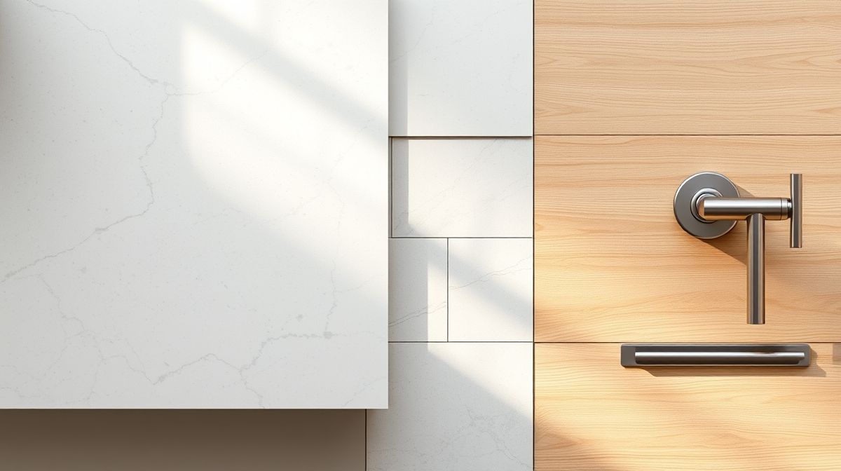 Detalhes de revestimentos, bancadas e acabamentos modernos em tons neutros.