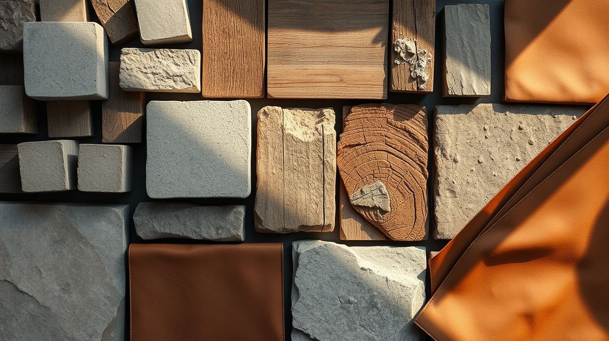 Flat lay de materiais inspirados no brutalismo, como concreto, madeira e pedra.