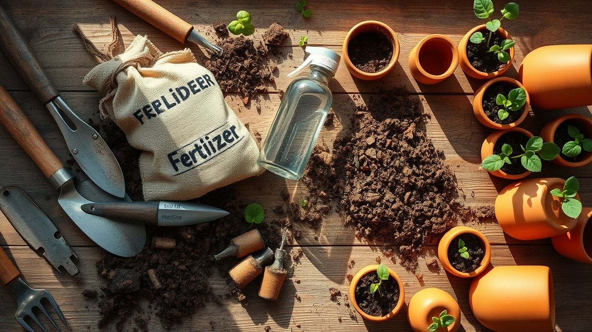 Ferramentas e insumos básicos para cuidado de plantas em flat lay.