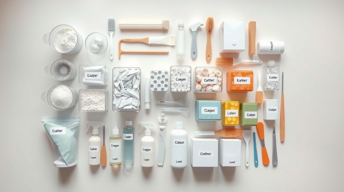 Conjunto de materiais de limpeza e caixas organizadoras em flat lay.