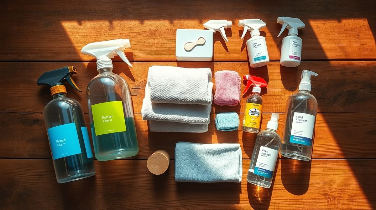 Produtos básicos de limpeza alinhados sobre bancada de madeira.