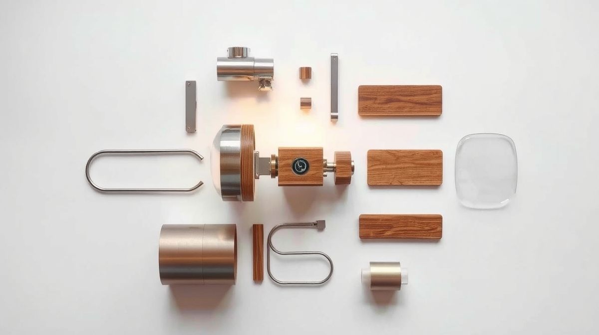 Detalhes de luminárias de mesa em metal, madeira e acrílico em flat lay.