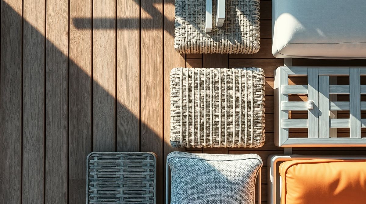 Flat lay mostrando diferentes materiais de móveis para jardim: madeira, fibra sintética, alumínio e plástico resistente.