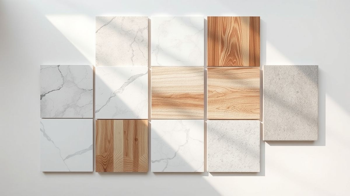 Amostras de porcelanato em diferentes cores e acabamentos.