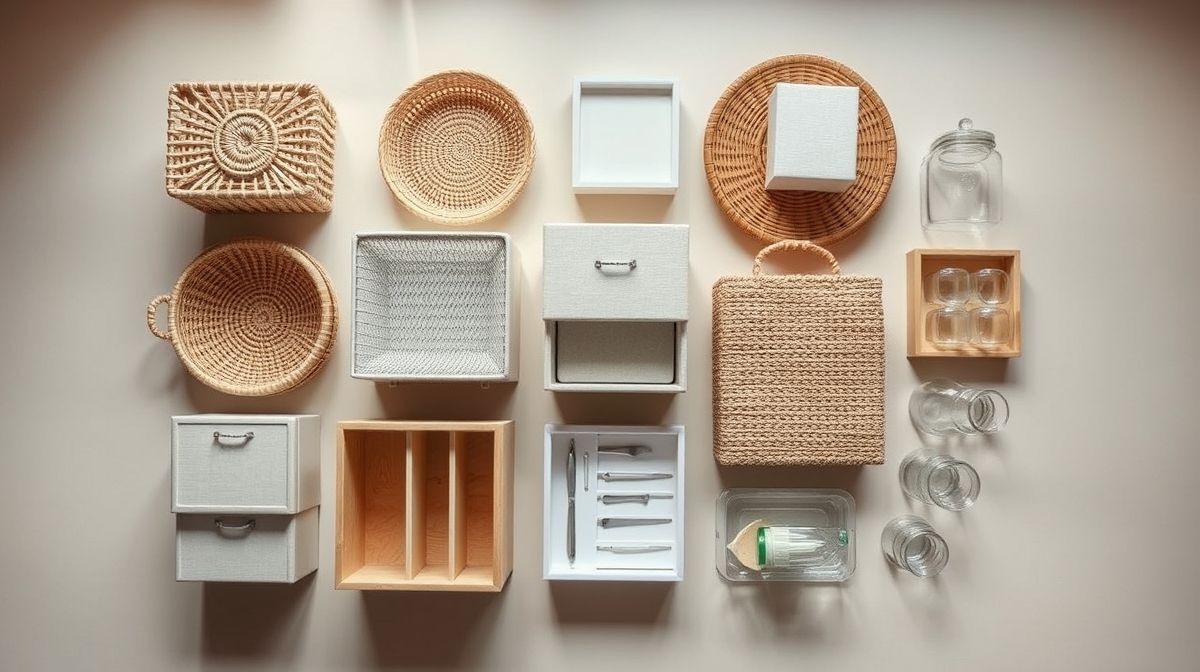 Flat lay de caixas organizadoras, cestos e divisórias para otimizar espaços.