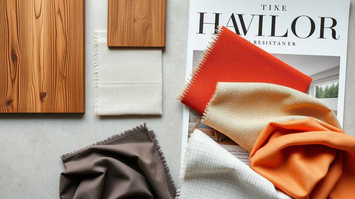 Flat lay de materiais resistentes para varanda, como madeira tratada, fibras sintéticas e tecidos impermeáveis.