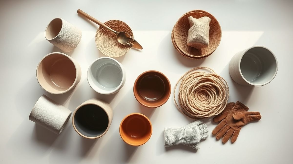 Flat lay com vasos de cerâmica, cordas e ferramentas de jardinagem para jardim suspenso.