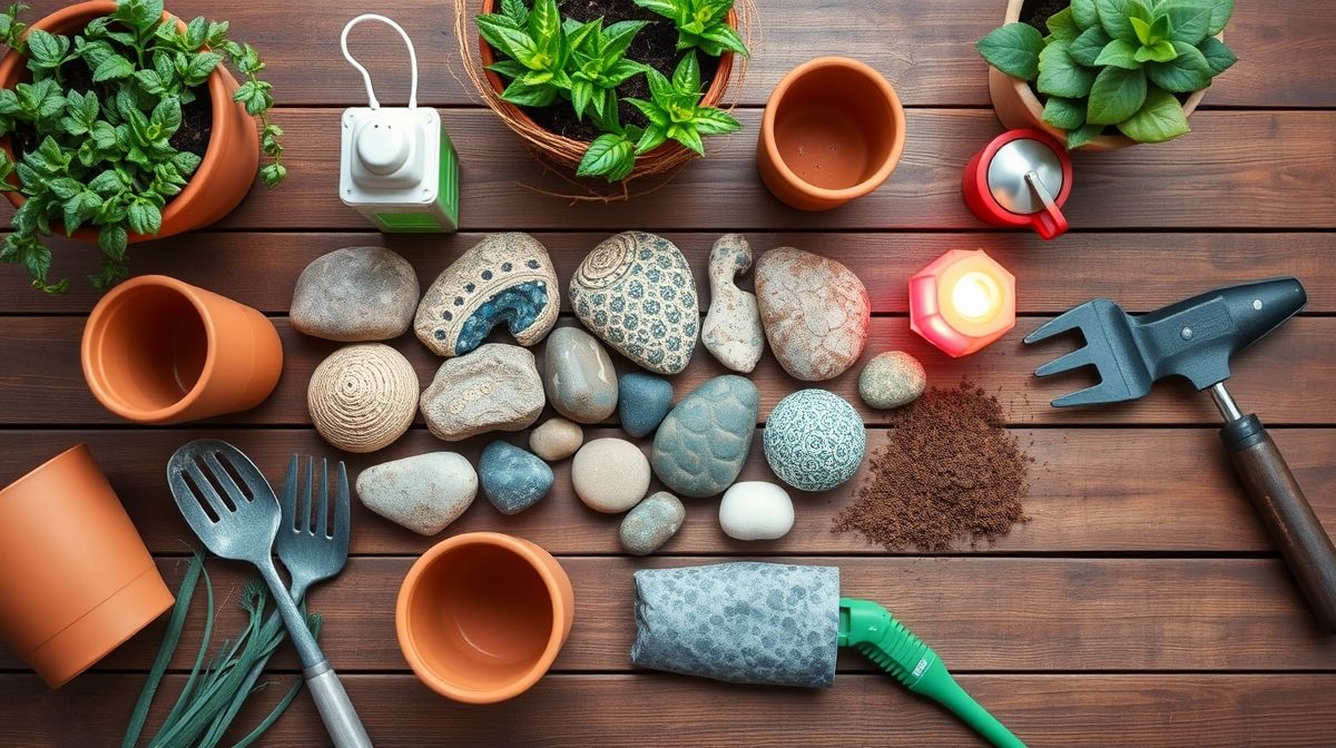 Conjunto de objetos usados na decoração de jardins, como vasos, pedras e luminárias.