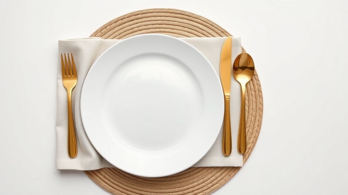 Close dos materiais básicos de mesa posta: sousplat, guardanapo de tecido, louça branca e talheres.