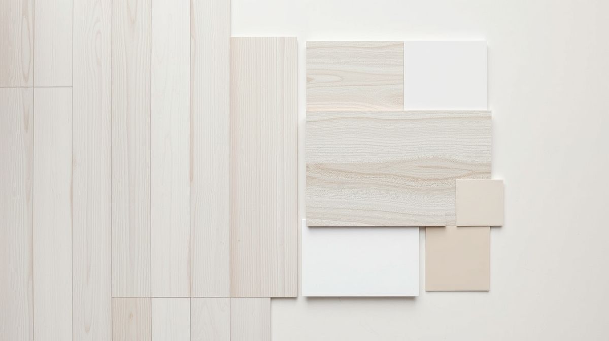 Flat lay com amostras de materiais para reforma de apartamento pequeno.