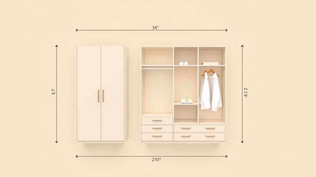 Representação gráfica das medidas padrão de guarda-roupa em um ambiente neutro.