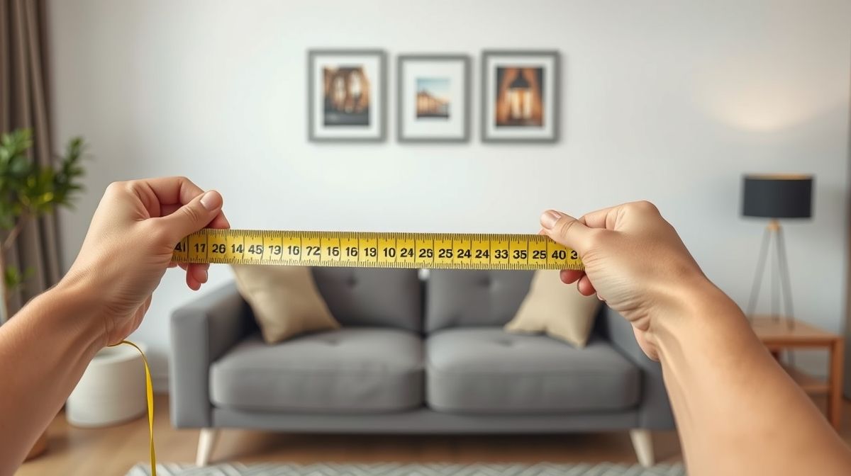 Pessoa medindo o espaço na sala com fita métrica para colocar sofá.