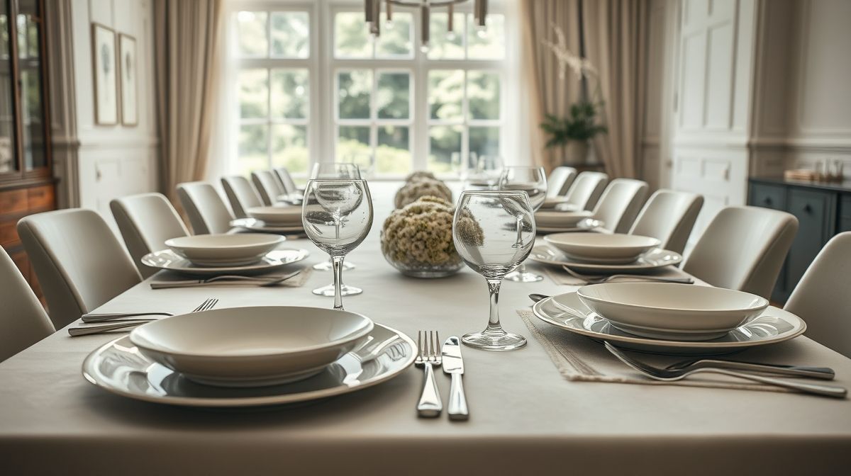 Mesa posta elegante com faqueiro de inox em destaque.