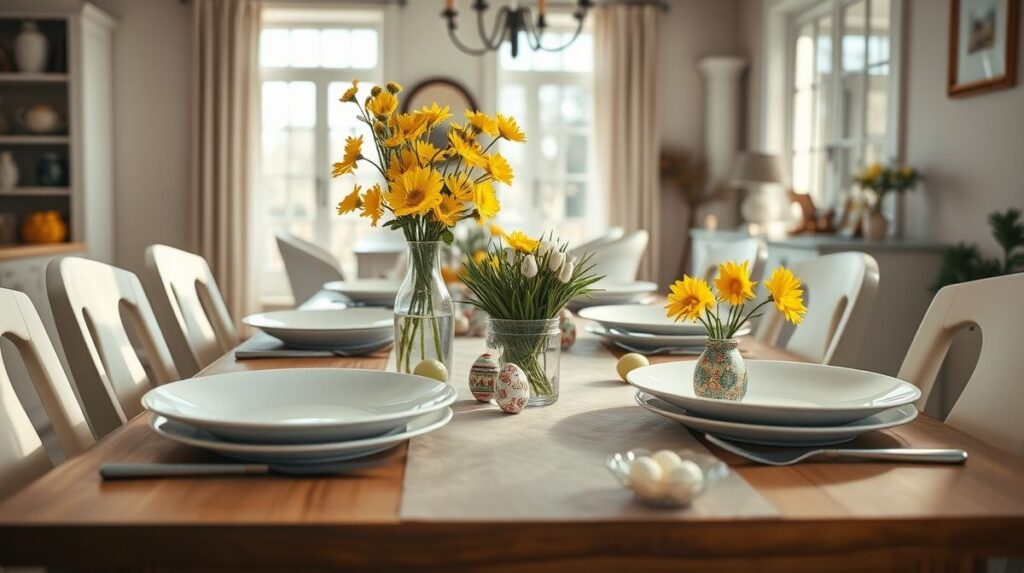 Mesa posta de Páscoa com louças brancas, flores amarelas e ovos decorados