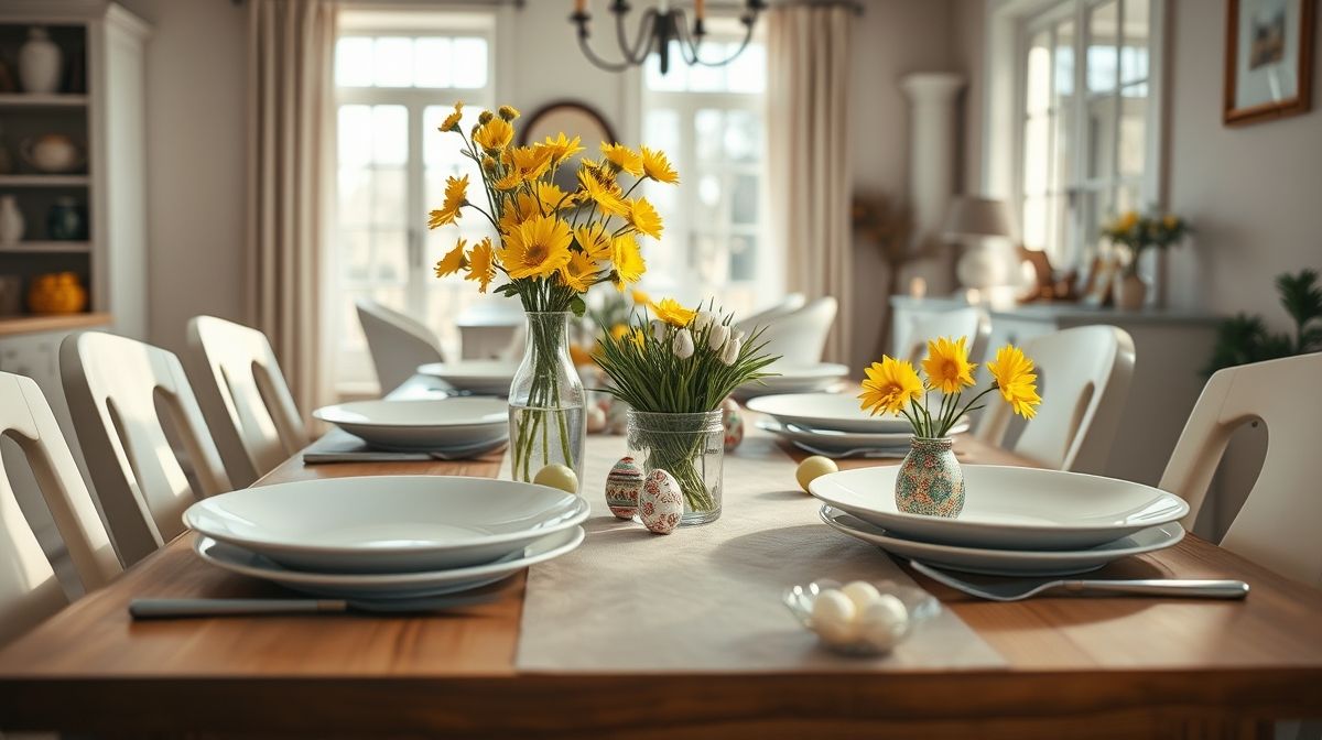 Mesa posta de Páscoa com louças brancas, flores amarelas e ovos decorados