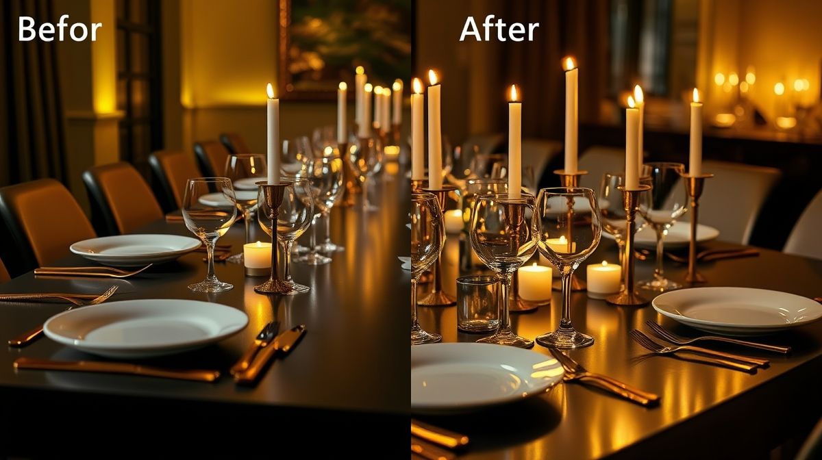 Jantar formal com faqueiro dourado e louças brancas.