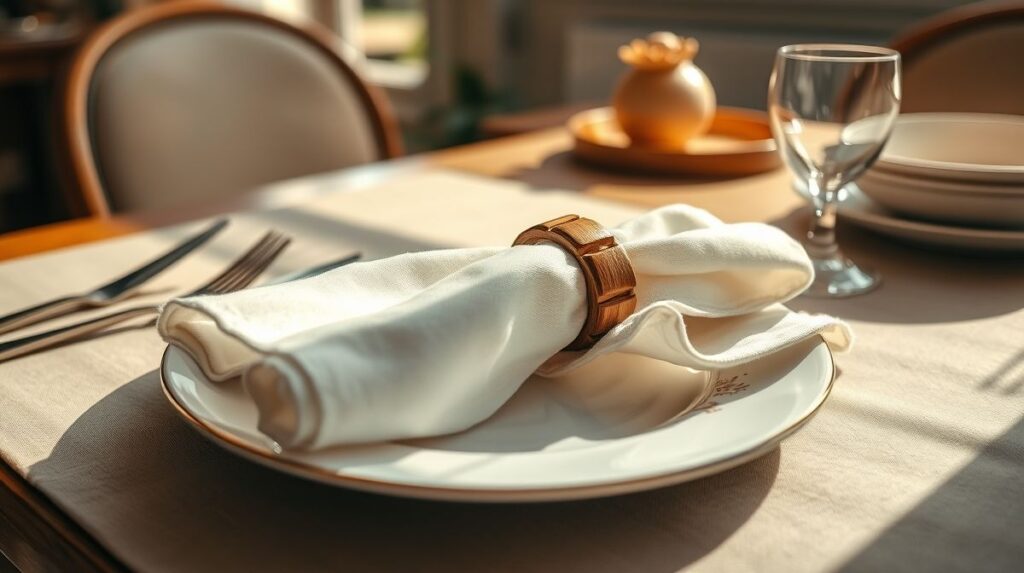 Mesa sofisticada com guardanapo de tecido branco dobrado em prato elegante.