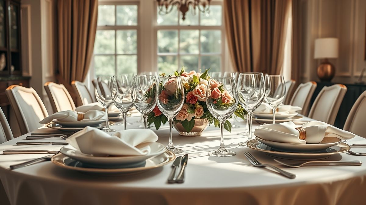 Mesa posta com louças, taças, guardanapos e arranjo de flores em estilo sofisticado.