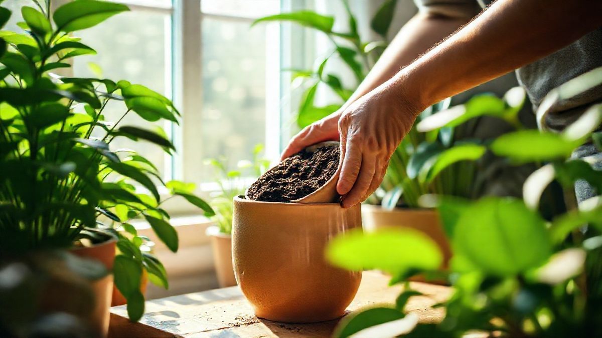 Vaso de planta sendo preenchido com substrato caseiro drenante