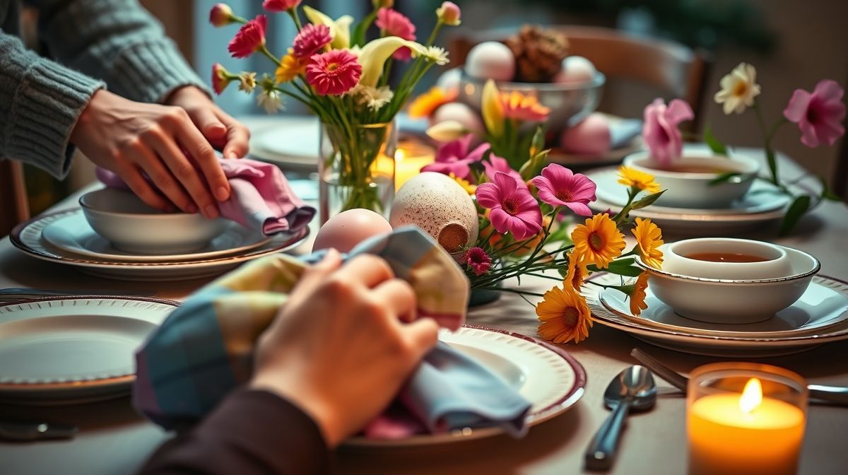 Mãos posicionando flores e guardanapos em uma mesa de Páscoa