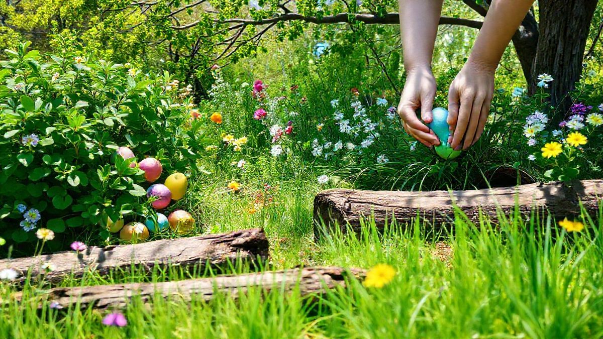 Pessoa colocando ovos de Páscoa em esconderijo do jardim.