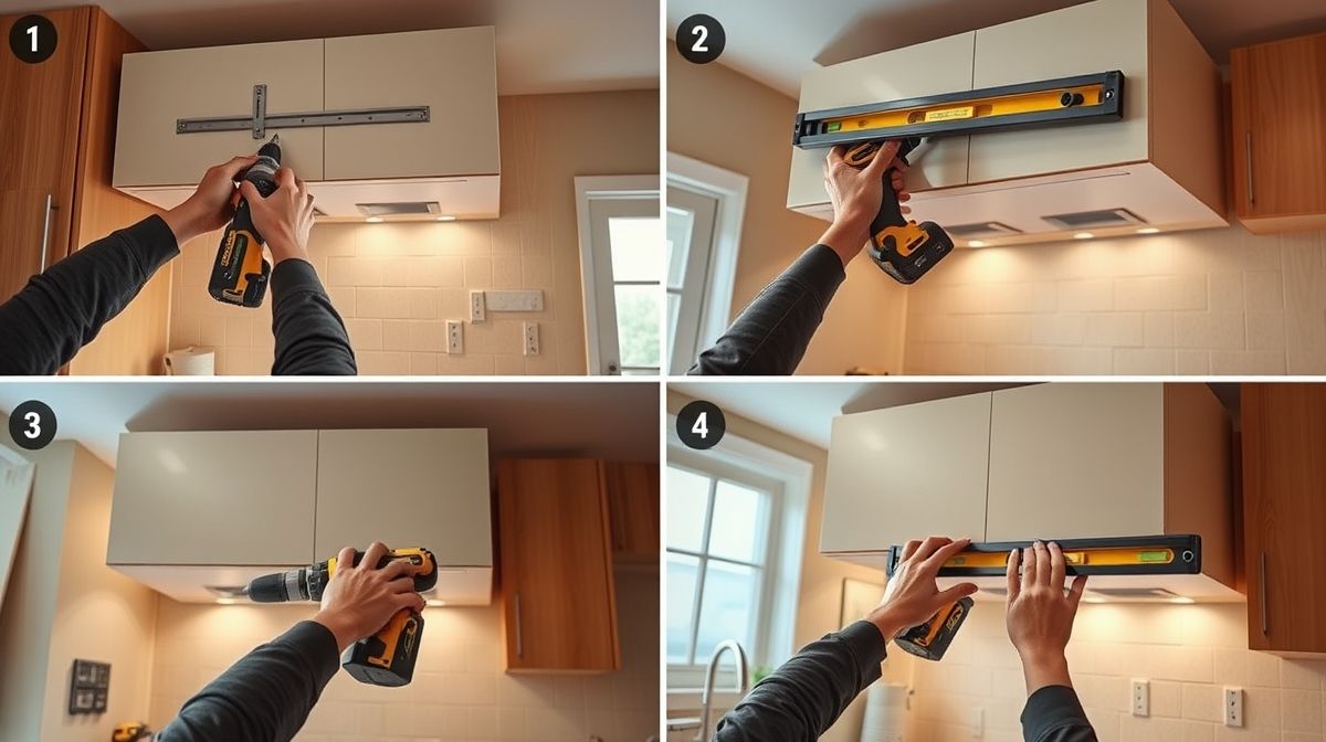 Instalador posicionando armário suspenso em cozinha planejada.