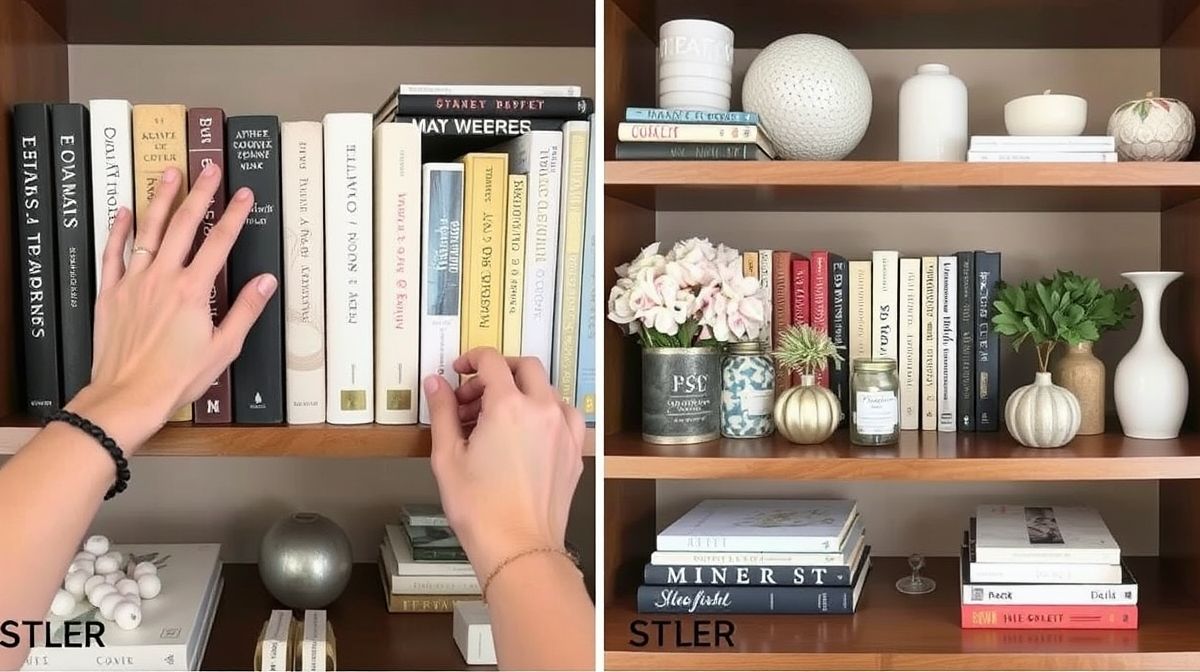 Pessoa organizando livros em prateleira com objetos decorativos ao lado.
