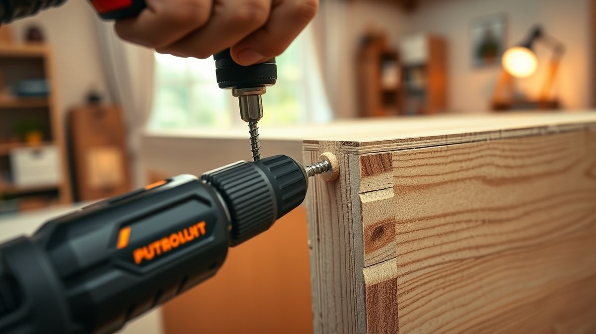 Pessoa utilizando parafusadeira a bateria para montar um móvel em MDF