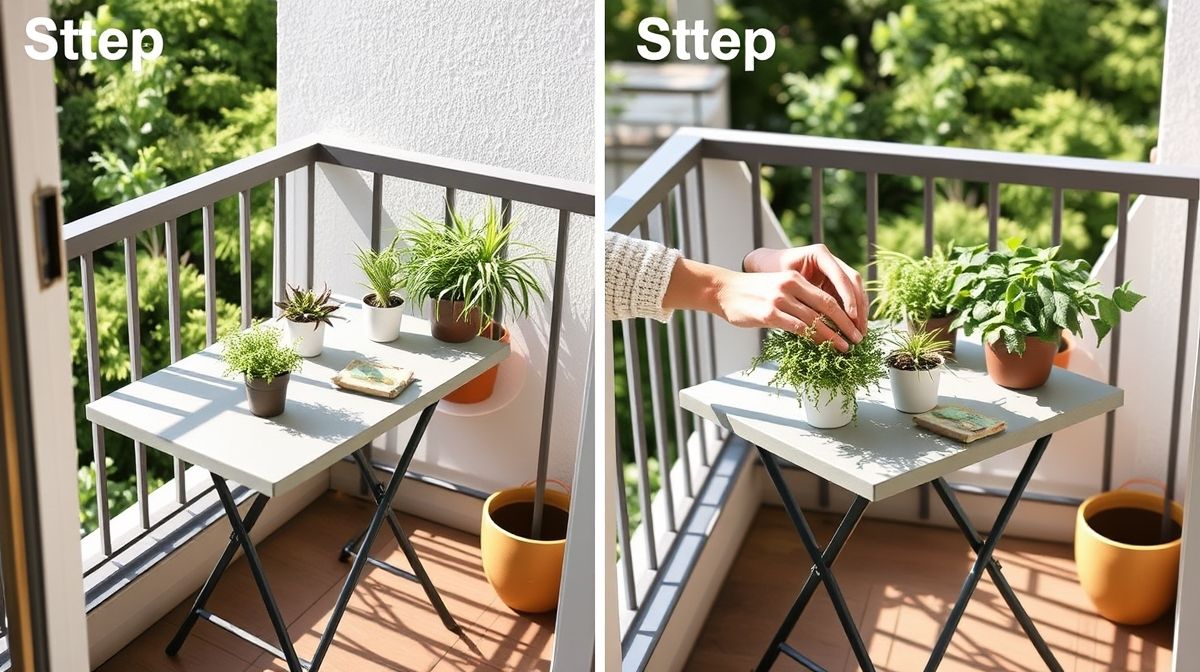 Pessoa ajustando mesa dobrável em varanda compacta com plantas suspensas.