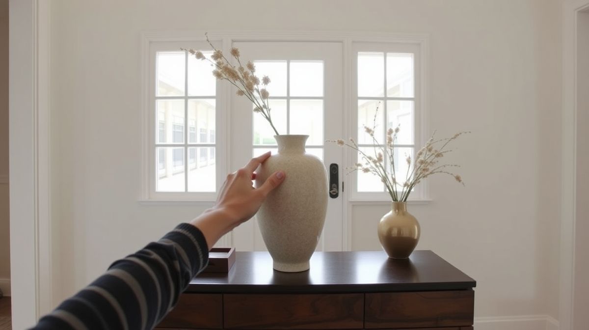 Mãos posicionando vaso decorativo sobre aparador em hall de entrada.