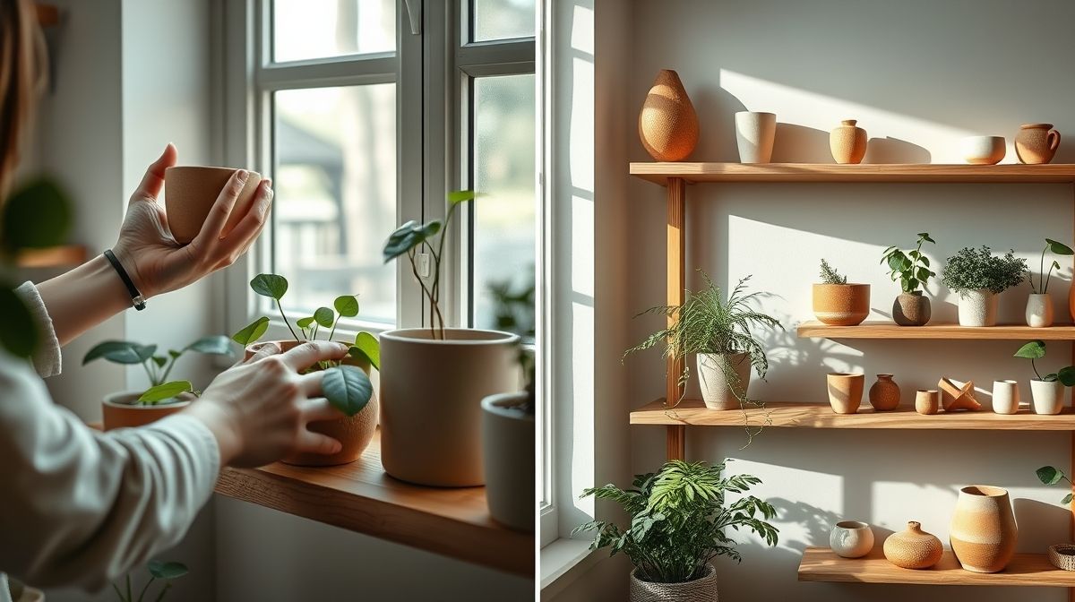 Etapa de organização dos vasos e prateleiras em um jardim de inverno pequeno.