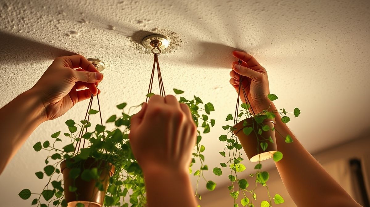 Pessoa instalando vasos de plantas suspensos com ganchos no teto.