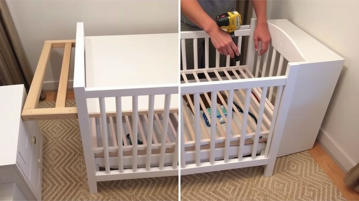 Mãos montando móveis multifuncionais para quarto pequeno de bebê.