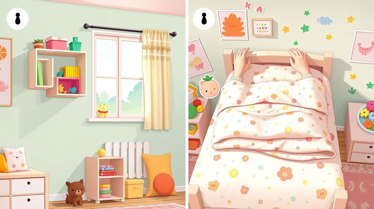 Processo de montagem de quarto infantil pequeno com prateleiras e cama funcional.