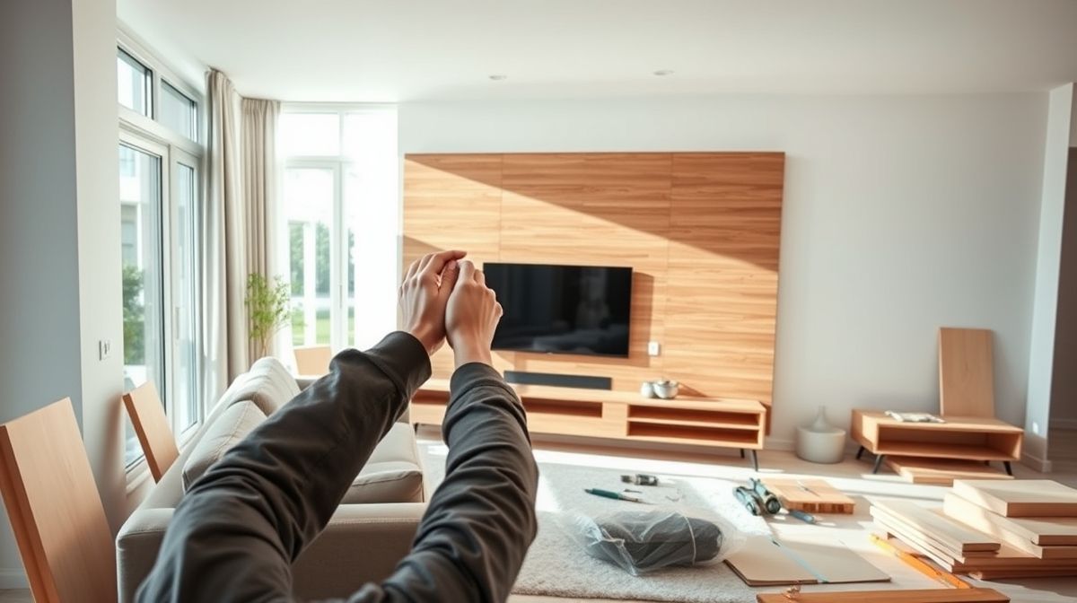 Processo de instalação de painel de TV em sala com sofá e estante organizadora.