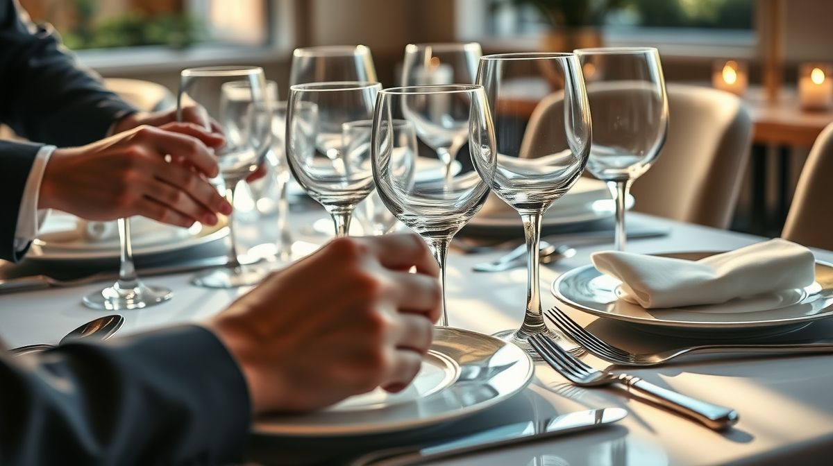 Mãos posicionando talheres e copos em mesa organizada para refeição.