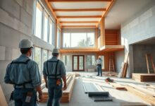 Vista ampla de uma obra residencial organizada com trabalhadores e materiais.