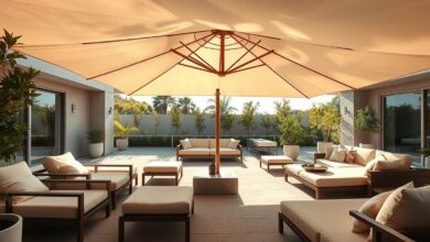 Espaço externo com ombrelone ao lado de sofás em conjunto lounge