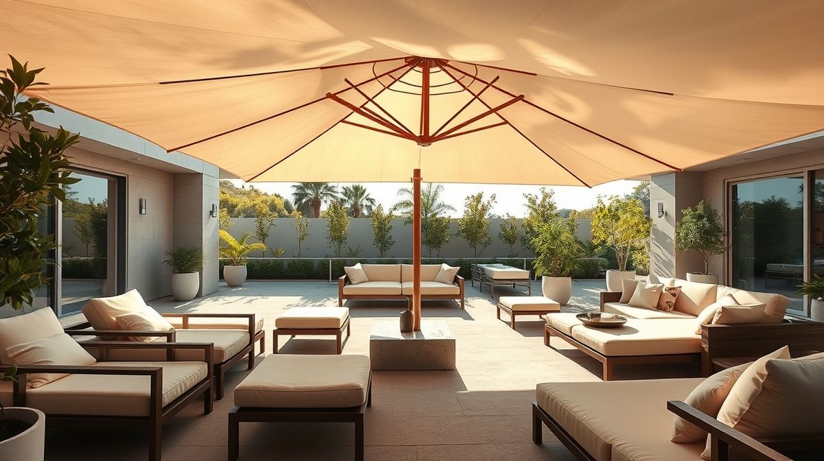 Espaço externo com ombrelone ao lado de sofás em conjunto lounge