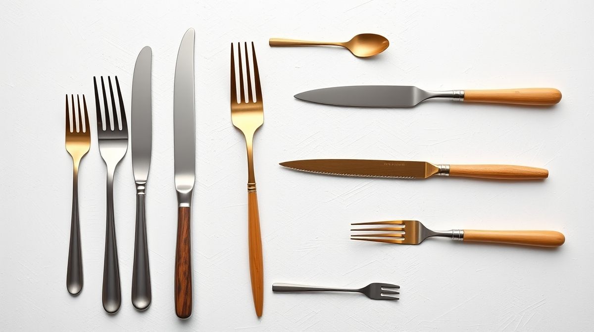 Talheres em inox, bambu e dourado lado a lado.