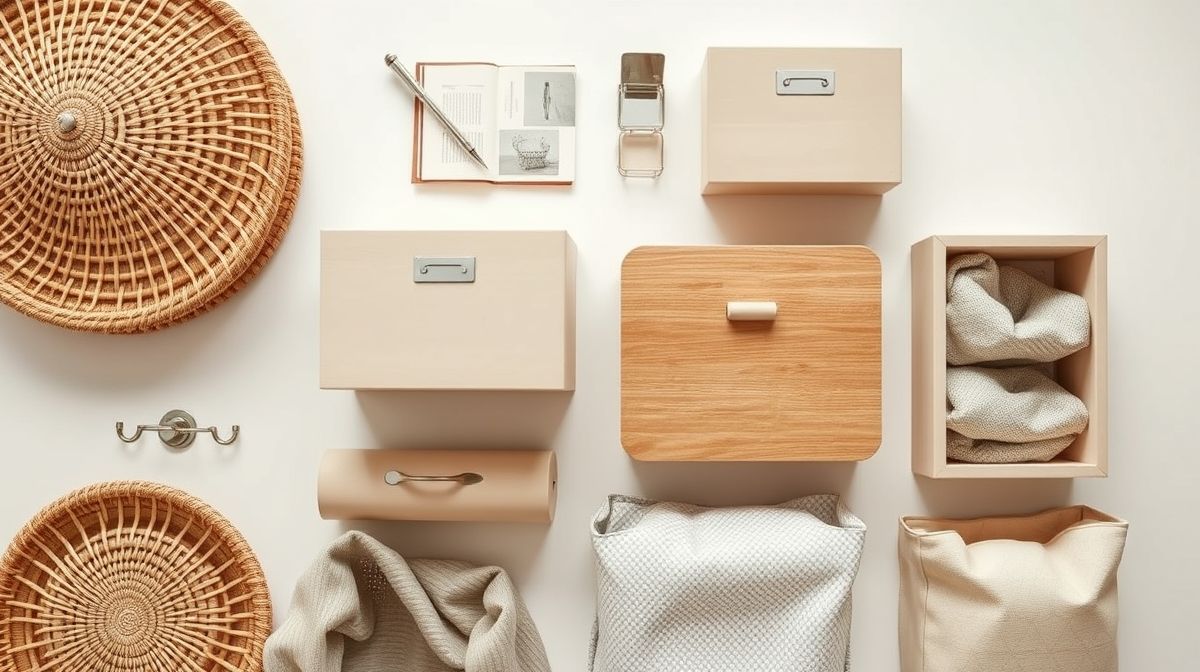 Flat lay de cestos de vime, caixas em MDF, etiquetas e ganchos metálicos.