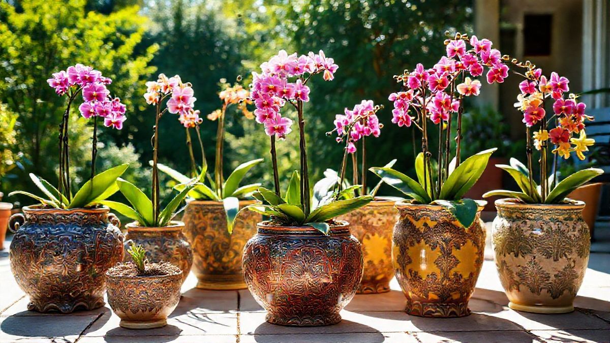Vários vasos decorativos com espécies de orquídeas terrestres floridas.