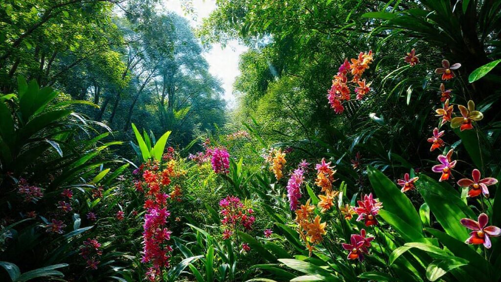 Jardim com várias espécies de orquídeas terrestres em plena floração.