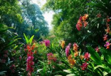 Jardim com várias espécies de orquídeas terrestres em plena floração.