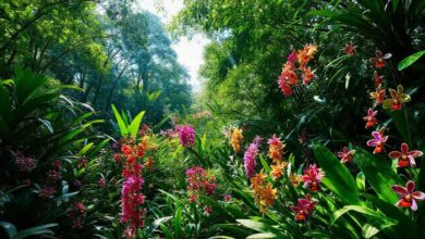 Jardim com várias espécies de orquídeas terrestres em plena floração.