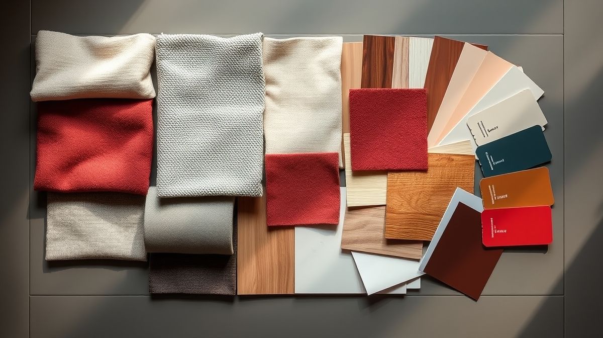 Amostra de paleta de cores para sala de TV com tons neutros e sofisticados.